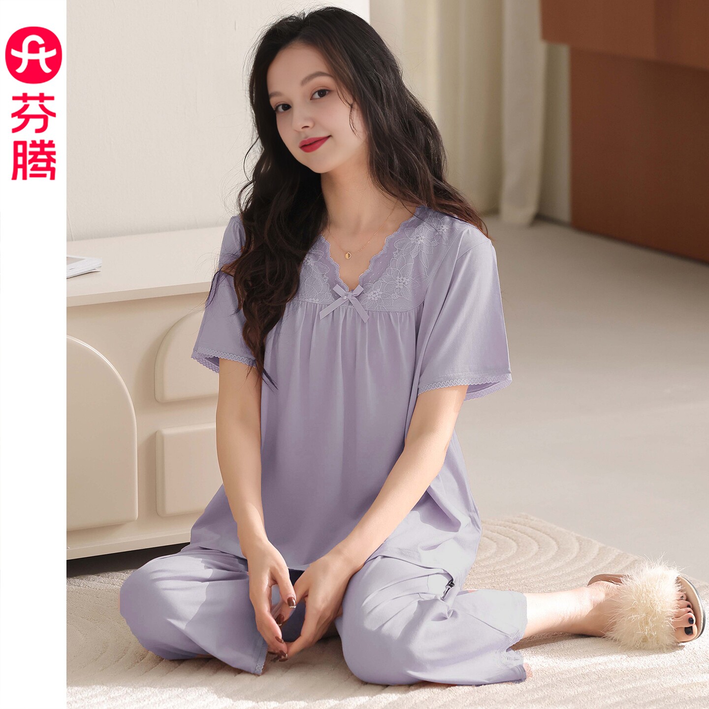 芬腾女士短袖九分裤夏季睡衣莱赛尔棉薄款V领甜美蕾丝家居服套装