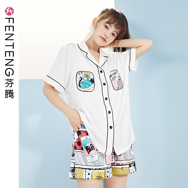 芬腾冰丝睡衣女夏季短袖短裤套装仿真丝绸薄款开衫韩版卡通家居服