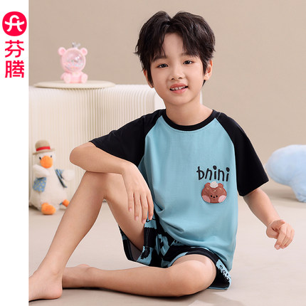 芬腾男童睡衣夏季纯棉短袖布朗熊凉感套装男孩子儿童中大童家居服