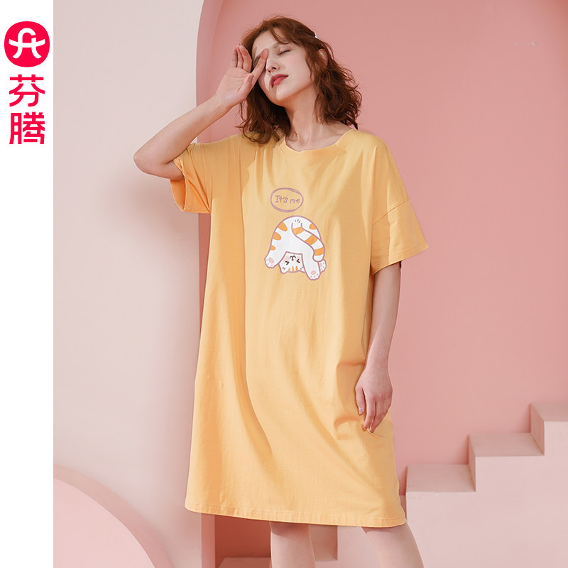 【k姐推荐】芬腾睡裙女士夏季薄款短袖纯棉睡衣家居服女款连衣裙
