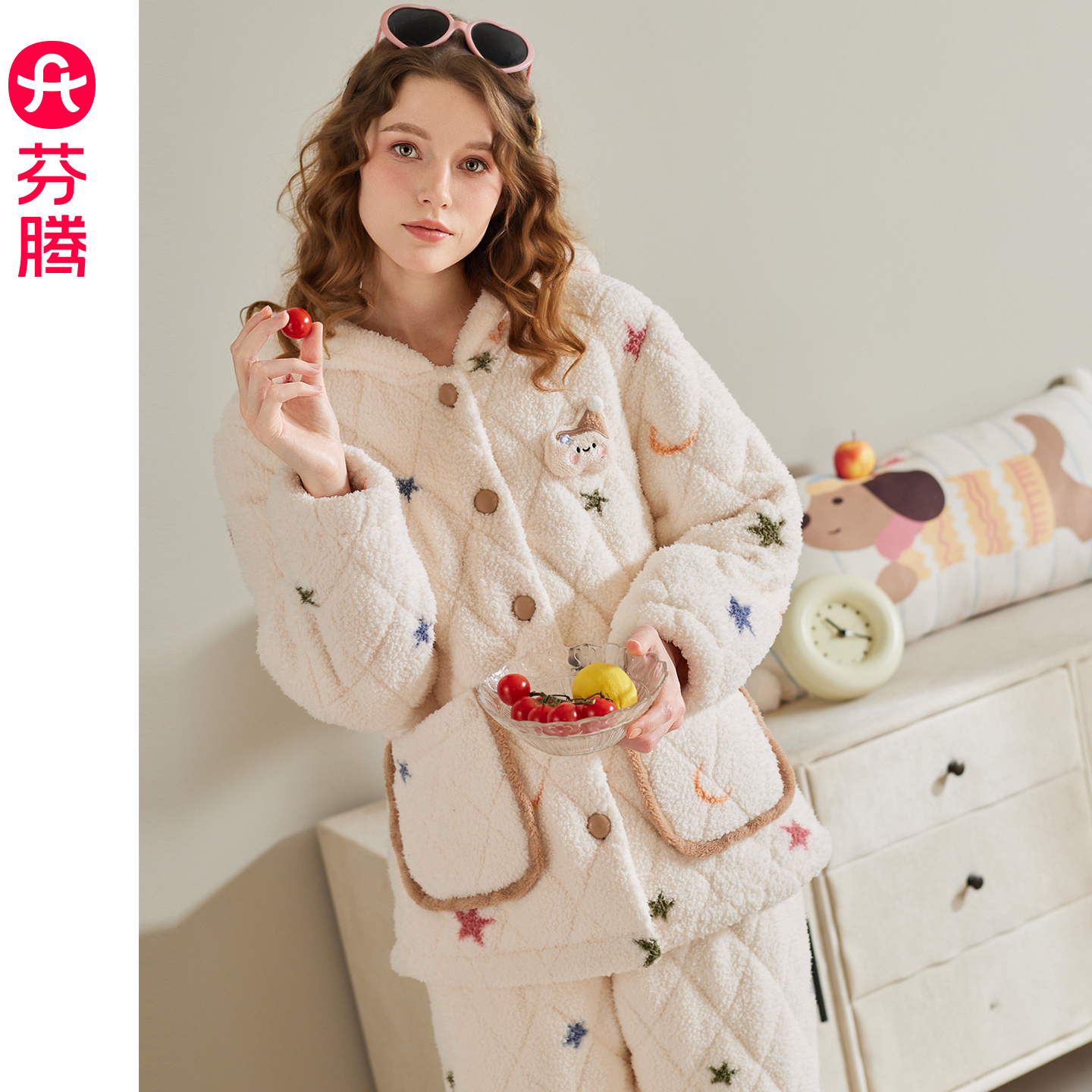 芬腾女士冬季三层加厚夹棉珊瑚绒连帽睡衣加绒法兰绒抗静电家居服