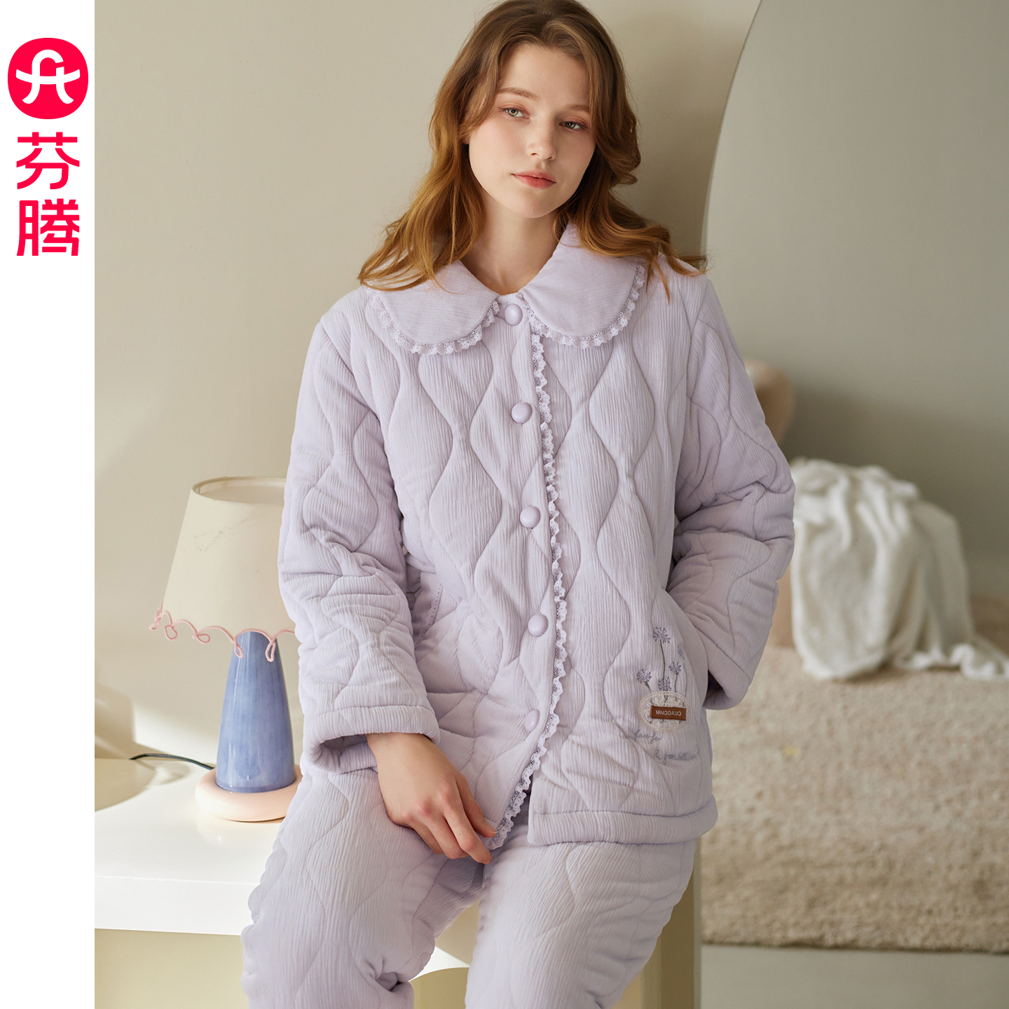 芬腾女士睡衣珊瑚绒夹棉袄冬季三层加厚套装女款抗静电加绒家居服