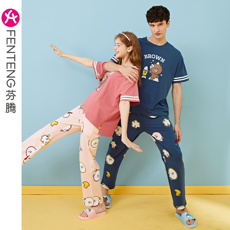 芬腾布朗熊情侣睡衣夏季纯棉甜美可爱短袖套装休闲男女家居服套装