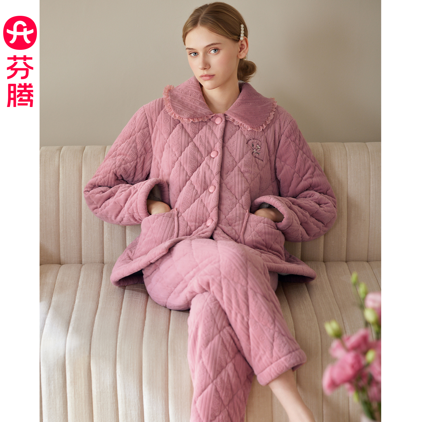 芬腾女士睡衣冬季三层加厚珊瑚绒