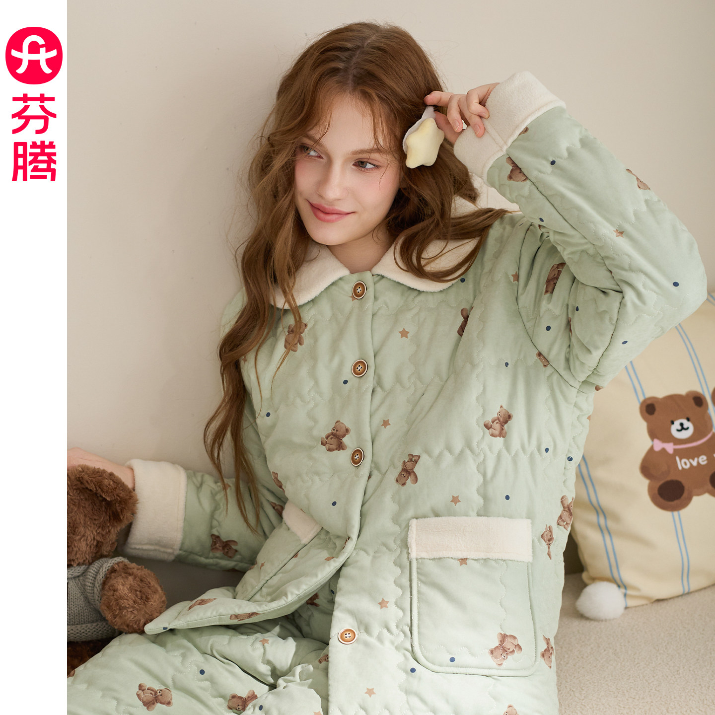 芬腾女士睡衣秋冬季新款三层夹棉加绒加厚卡通可爱翻领家居服套装