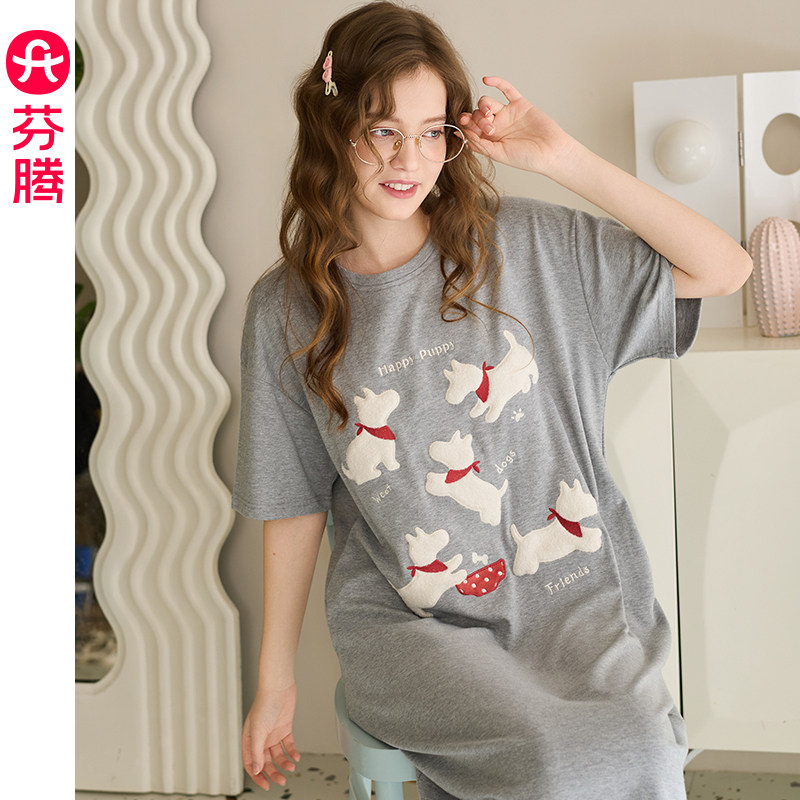 芬腾女士短袖睡裙夏季纯棉睡衣裙女款可爱卡通可外穿家居服连衣裙