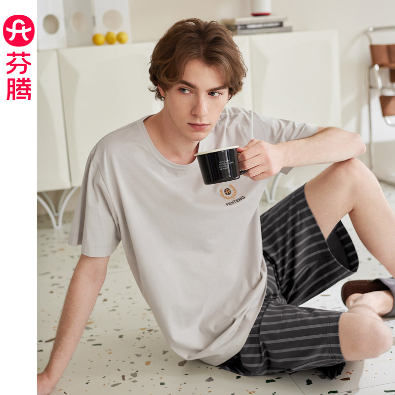 芬腾男士睡衣夏季短袖短裤纯棉休闲家居服可外穿简约全棉套头套装