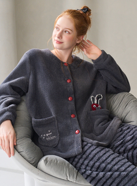 芬腾女士珊瑚绒睡衣秋冬季加厚加绒套装女款保暖法兰绒休闲家居服