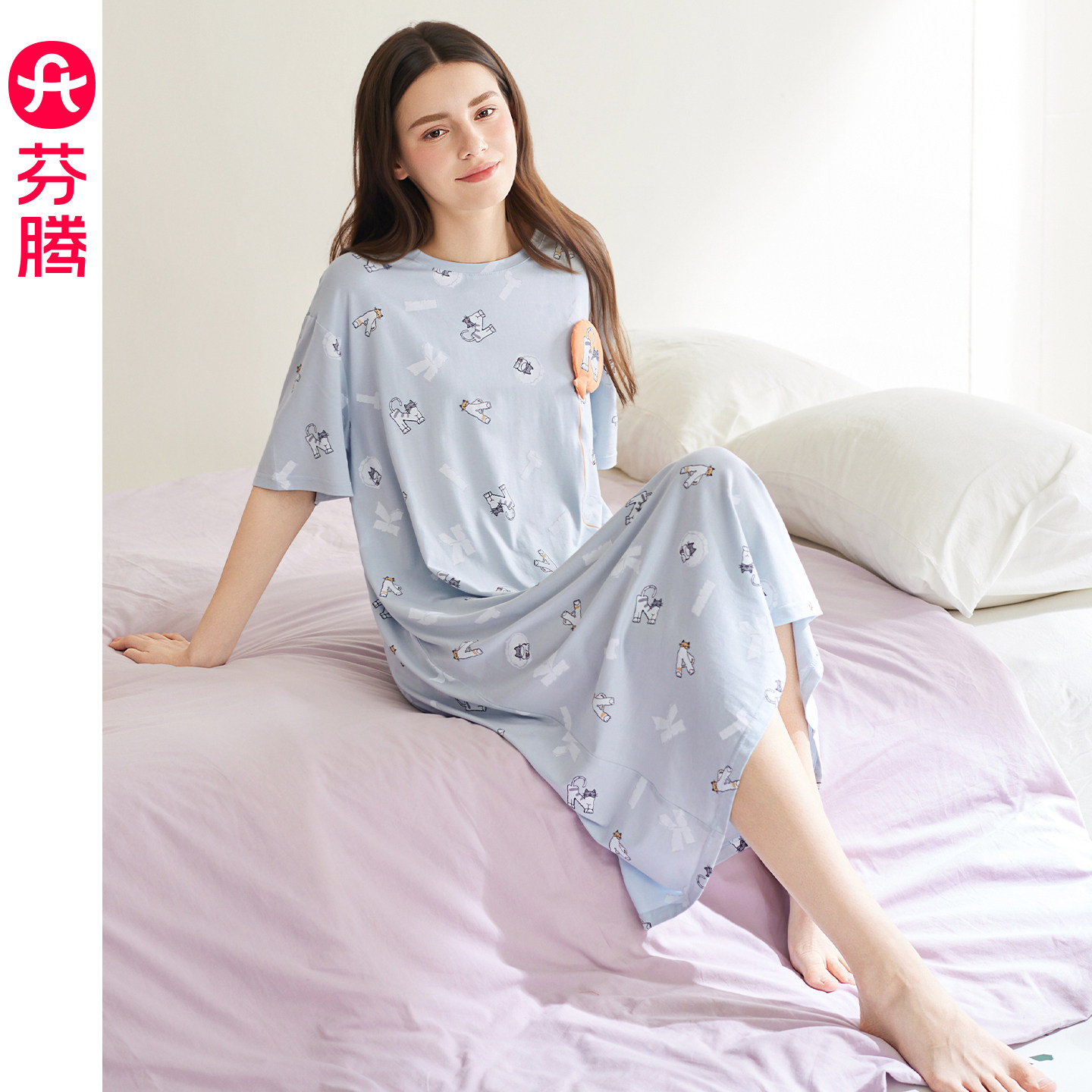 芬腾女士纯棉短袖睡裙夏季宽松休闲睡衣裙全棉舒适薄款可爱家居裙