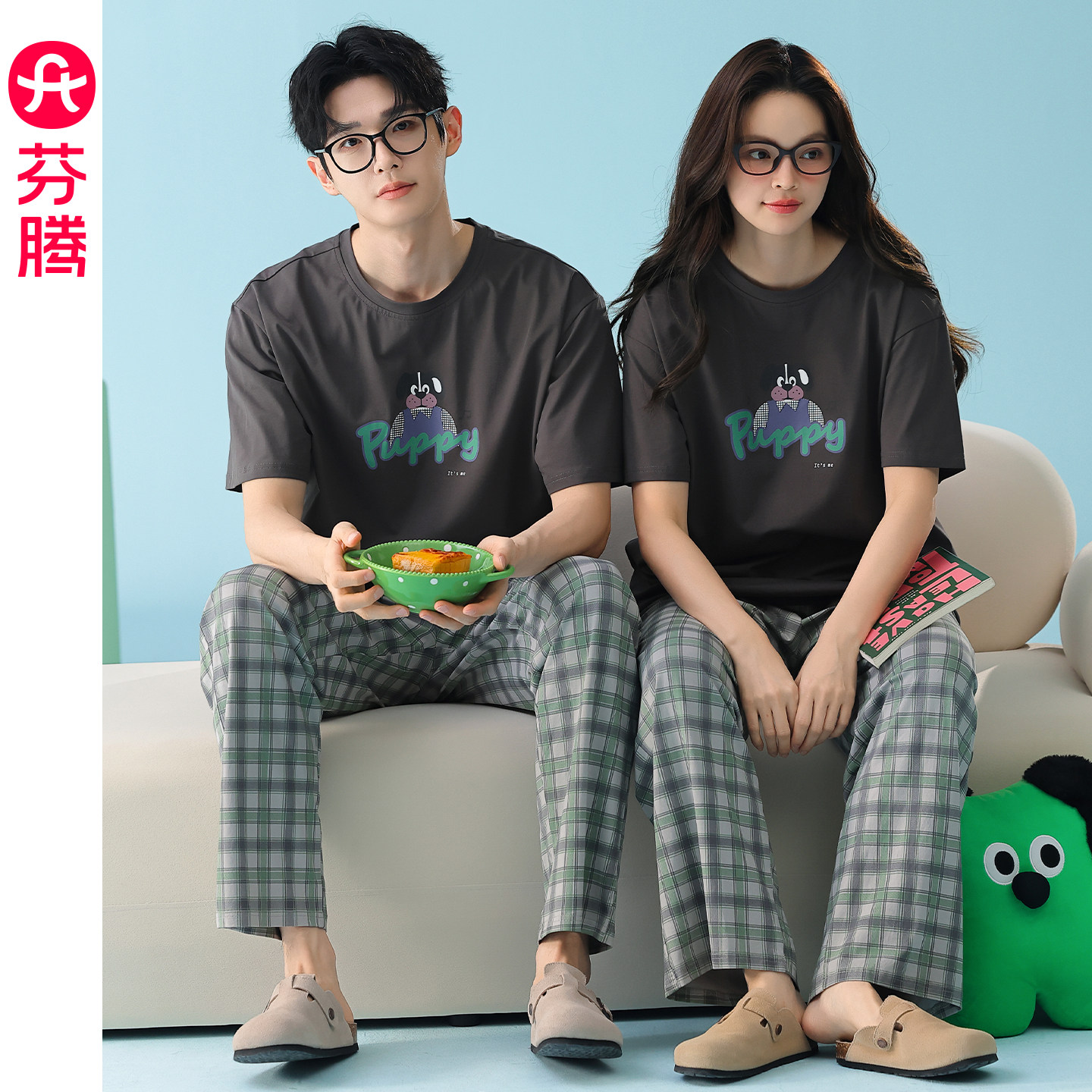 芬腾纯棉短袖长裤情侣睡衣女士夏季薄款休闲宽松套头男家居服套装