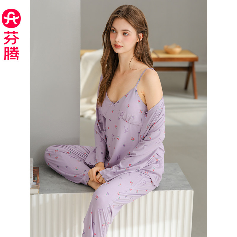 芬腾睡衣女士长袖春秋季吊带带胸垫套装新款宽松大码三件套家居服图片