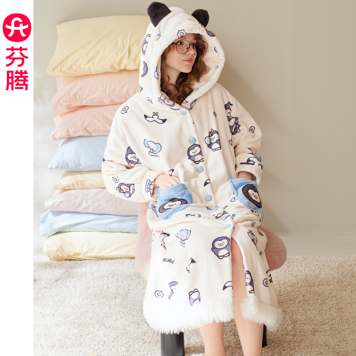 芬腾睡袍女秋冬季新款珊瑚绒睡衣