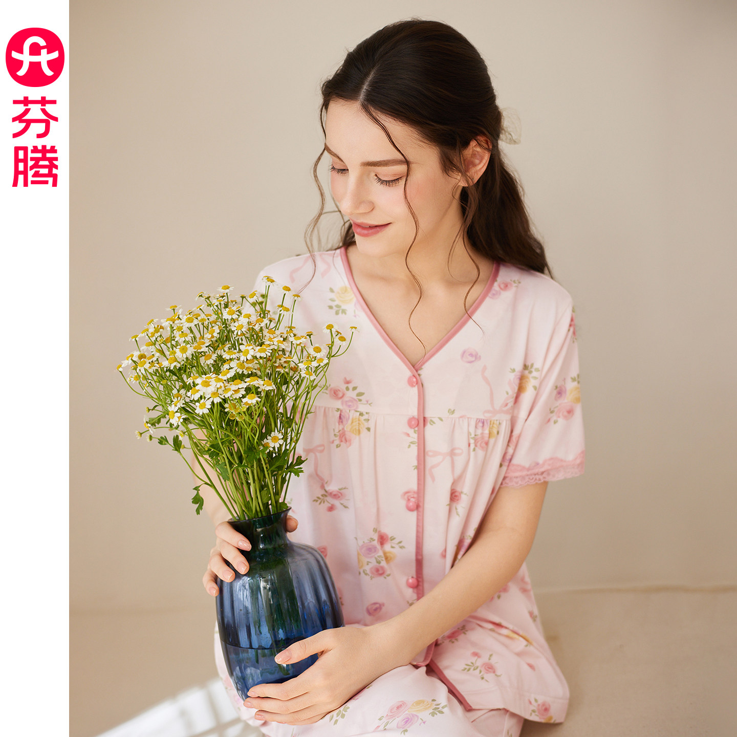 芬腾纯棉睡衣女夏季全棉短袖套装可爱V领薄款宽松大码开衫家居服 - 实物图