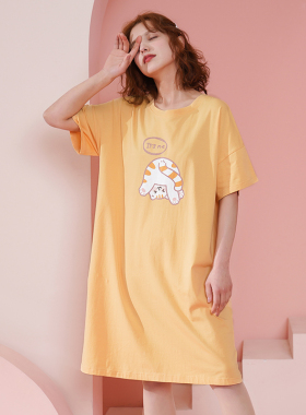 芬腾睡裙女士夏季薄款短袖纯棉大码可爱睡衣家居服全棉女款连衣裙