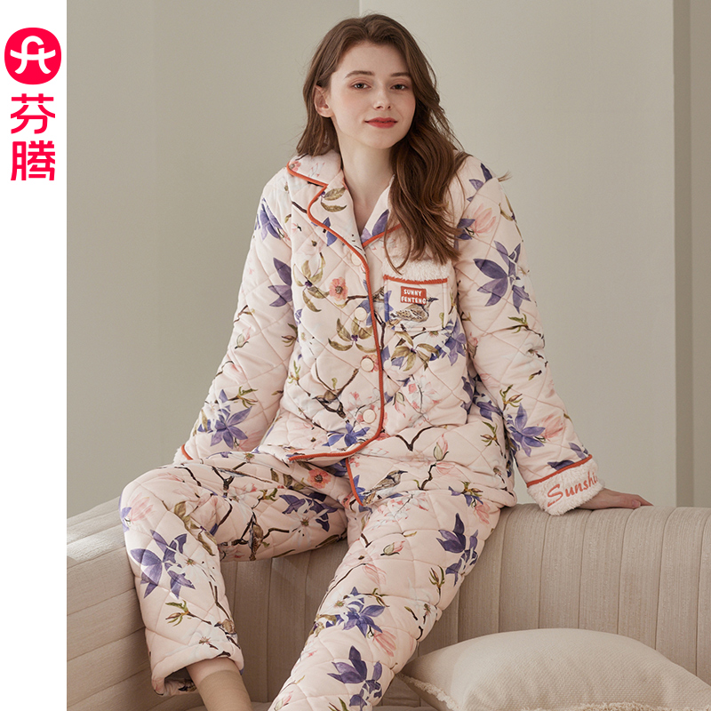 芬腾睡衣女珊瑚绒三层加厚夹棉冬