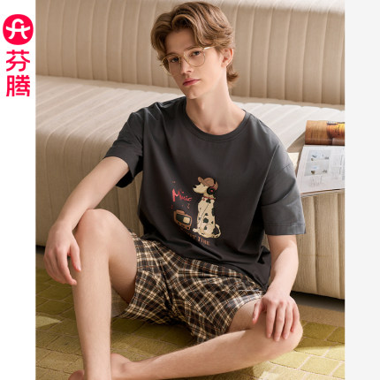 芬腾男士睡衣夏季纯棉短袖短裤套装青年男款休闲大码可外穿家居服