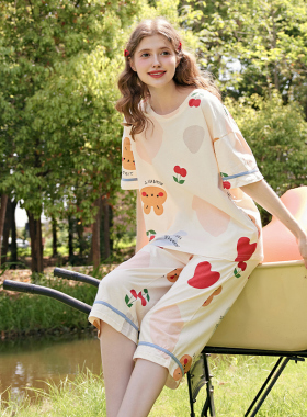 芬腾睡衣女士夏季纯棉薄款短袖七分裤大码夏天女款甜美家居服套装
