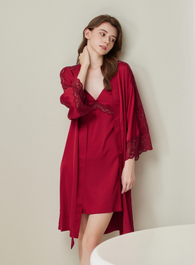 芬腾晨袍睡衣女士夏季冰丝睡袍春秋红色结婚本命年吊带睡裙两件套