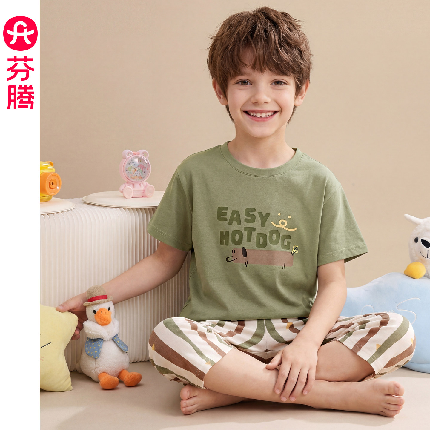 芬腾男童纯棉睡衣夏季薄款短袖中裤套装儿童中大童卡通宽松家居服