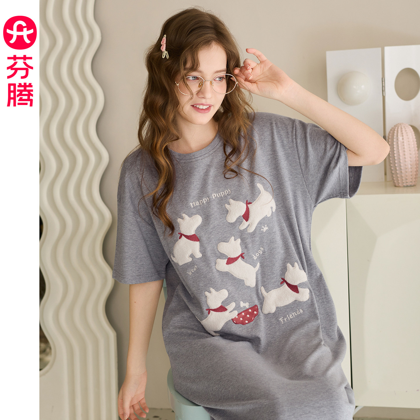 芬腾女士短袖睡裙纯棉夏季家居服图片