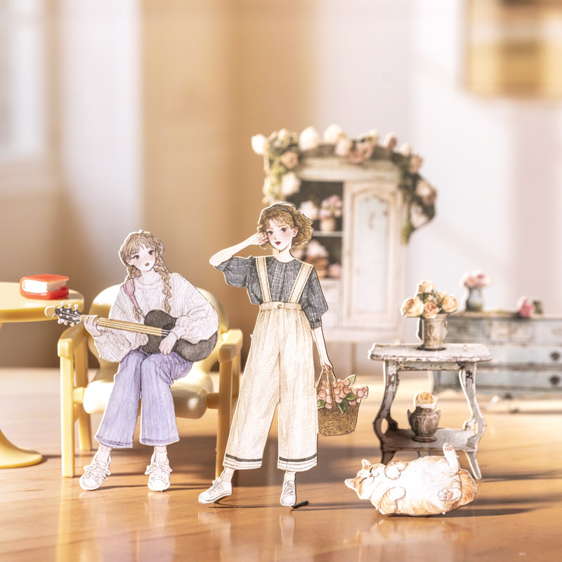 文艺乐器物件图案造景贴纸 清新小女孩人物手帐日记装饰素材贴画