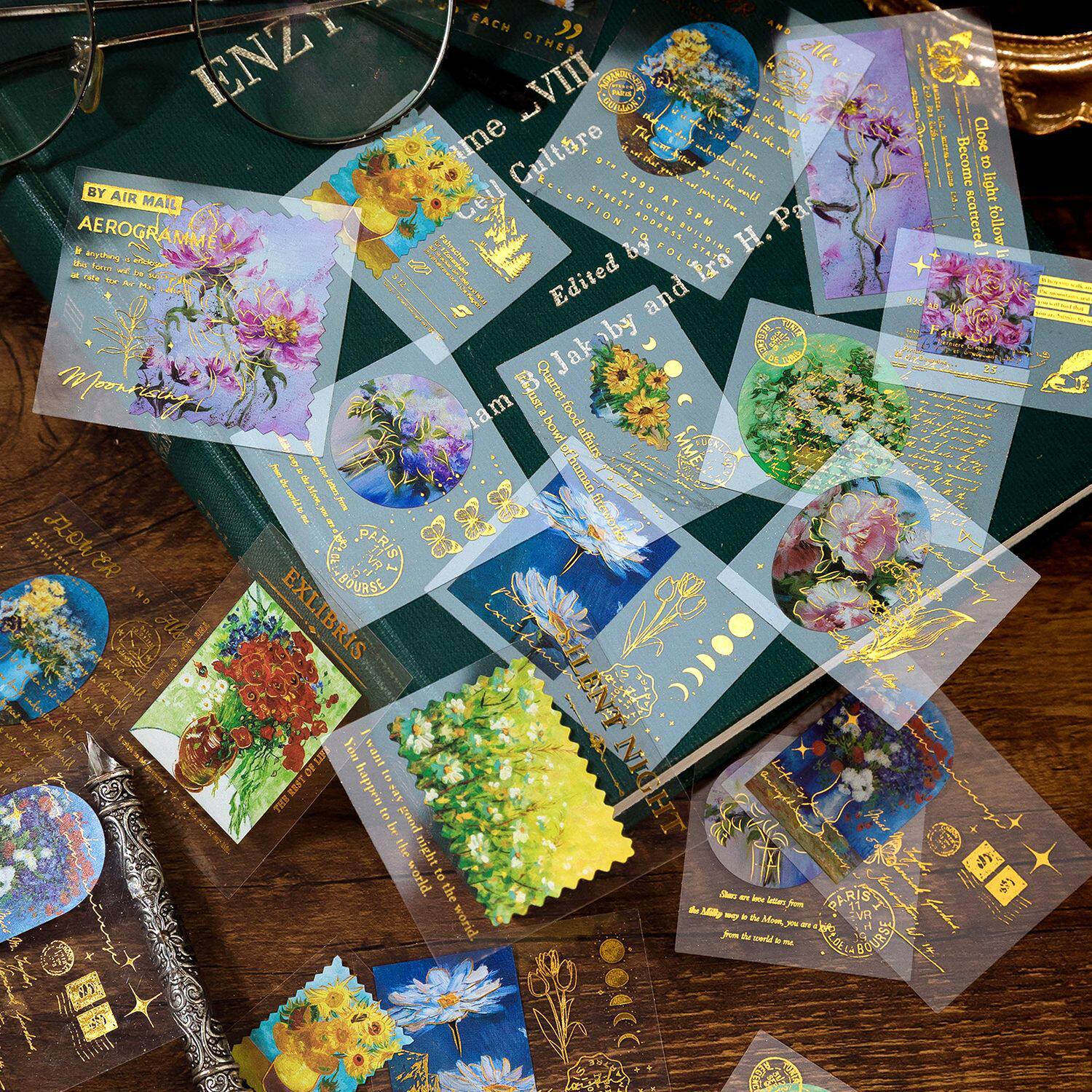 陌墨pet烫金贴纸包 植wu花卉花朵蝴蝶羽翼手帐日记装饰防水贴画