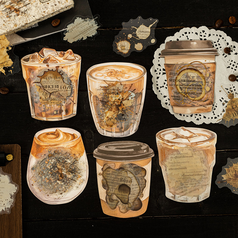 番茄酱少女 咖啡痕迹系列PET贴纸包 文艺轻复古英文短句手账贴画