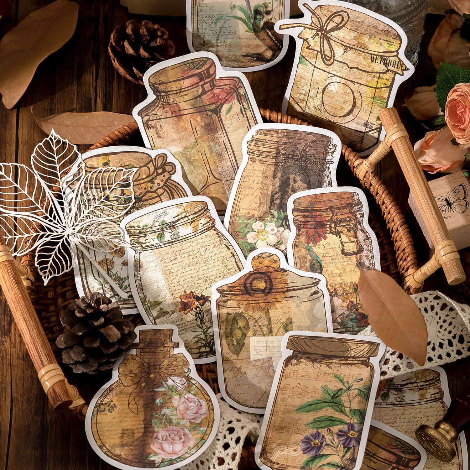 复古瓶子拼贴卡贴纸 创意手绘瓶子主题手帐拼贴装饰布纹纸贴画