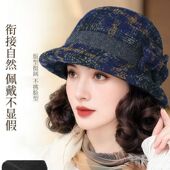 女士时尚 妈妈帽子假发秋冬帽子毛呢帽加厚休闲渔夫帽中老年