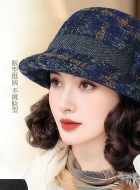 女士时尚妈妈帽子假发秋冬帽子毛呢帽加厚休闲渔夫帽中老年