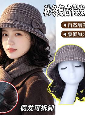 新款帽子假发一体女秋冬时尚气质短卷发中老年妈妈帽带假发全头套