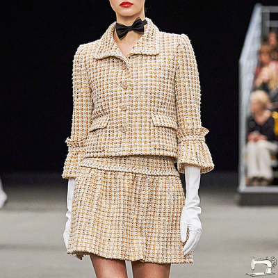 女士米黄色编制粗花呢小香风外套女上衣手工制作时尚花边小口袋