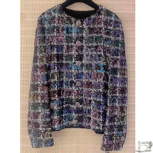 女装七彩花式亮片小香外套手工制作奇特的面料超反光视角女士上衣