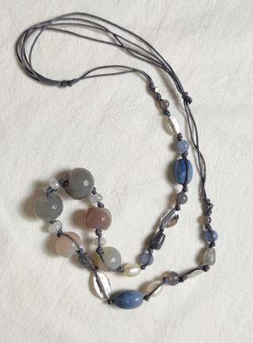 美国棉麻品牌 自然风多种石头珍珠料串珠线绳项链中长款可调