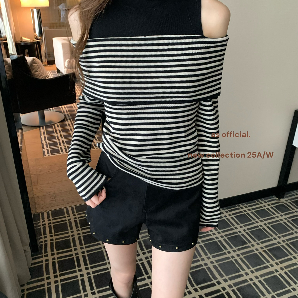 AS OFFICIAL-m1u系模范生25C的时髦开秋得穿·露肩撞色拼接针织衫