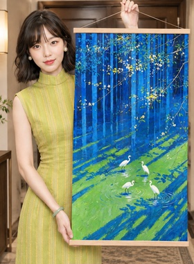 风景卷轴装饰画电表箱遮挡新中式中古风客厅玄关走廊挂画