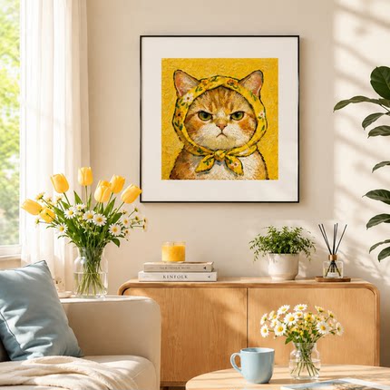 复古肌理小黄花猫咪壁画 ins 风少女卧室床头治愈系小众装饰画