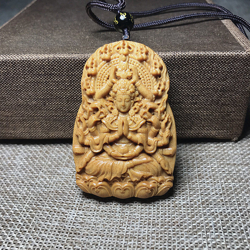 印度芭比檀香木质千手观音红木木雕佛牌挂件吊坠项链佛挂坠牌子