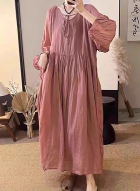 22387小莲~心型领系带灯笼袖双层苎麻连衣裙净版法式温柔风长裙女