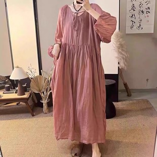 22387小莲~心型领系带灯笼袖双层苎麻连衣裙净版法式温柔风长裙女