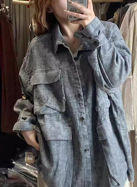 23335色织混色工装汉麻外套女慵懒风多口袋松弛感大码胖mm风衣女