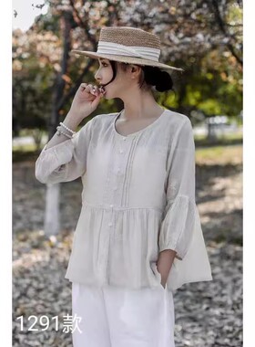 22752设计感风琴压褶刺绣100%苎麻小衫纯色圆领七分袖娃娃衫衬衣