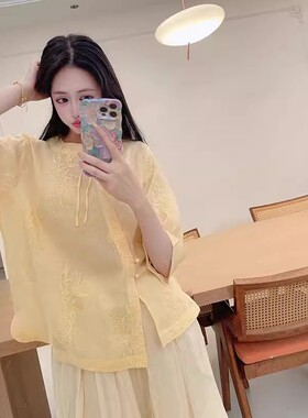 小莲~22887清冷风100%苎麻刺绣上衣衬衫鹅黄色手工盘扣茶服小衫女