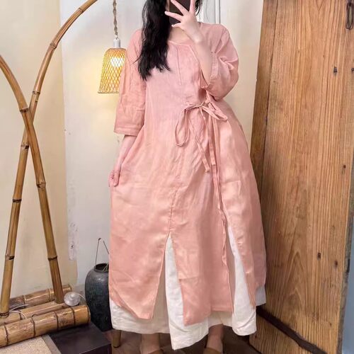 大袍子纯苎麻连衣裙开叉下摆长裙