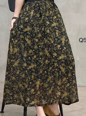 雷氏家~22541设计感半松紧腰双层亚麻半身裙显瘦百搭碎花裙A字裙