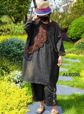 19610胖MM老布刺绣拼色圆领文艺复古民族风连衣裙全棉牛仔袍子秋