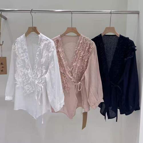 侧系带汉服式汉麻小衫重工毛边女
