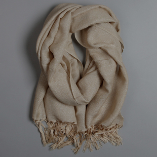 如同繁星亮银线混织薄棉麻春秋冬季女长款流苏围巾披肩卡其色纯色