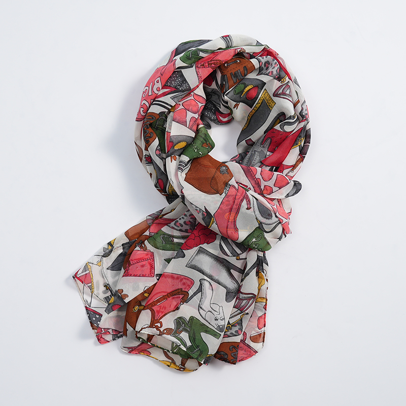 卡通简笔画绒雪纺薄款丝巾春秋夏季女长围巾丝绸纱巾百搭2024新款