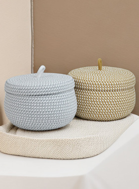 桌面收纳筐带盖防尘化妆品零食杂物圆形收纳篮手工棉绳编织鸡蛋篓
